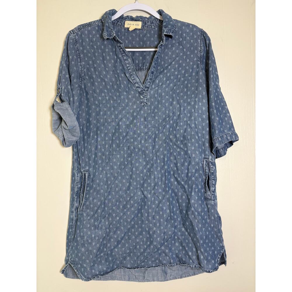 Cloth & Stone Medium Chambray Tencel Roll Button Sleeve Dot Tunic Mini Dress
